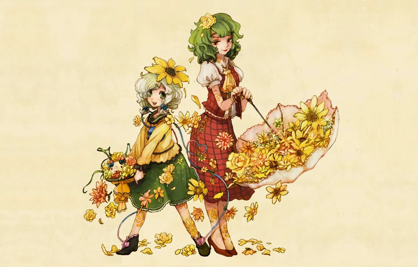Photo wallpaper umbrella, green hair, yellow flowers, Touhou Project, Project East, two girls, Kazami Yuuka, Komeiji Koishi