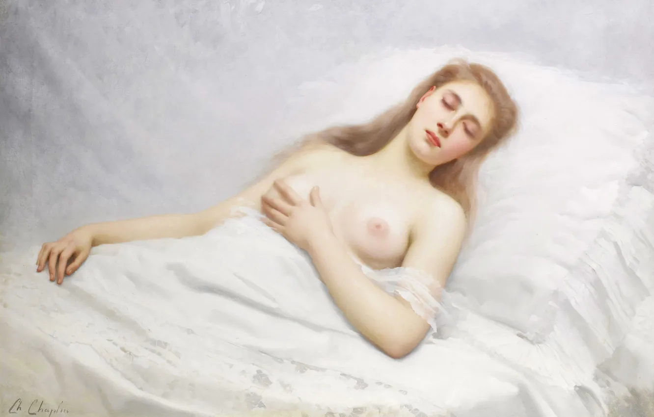 Photo wallpaper chest, hands, pillow, white bed, Charles Joshua Chaplin, sleeping woman, Reverie, Academism