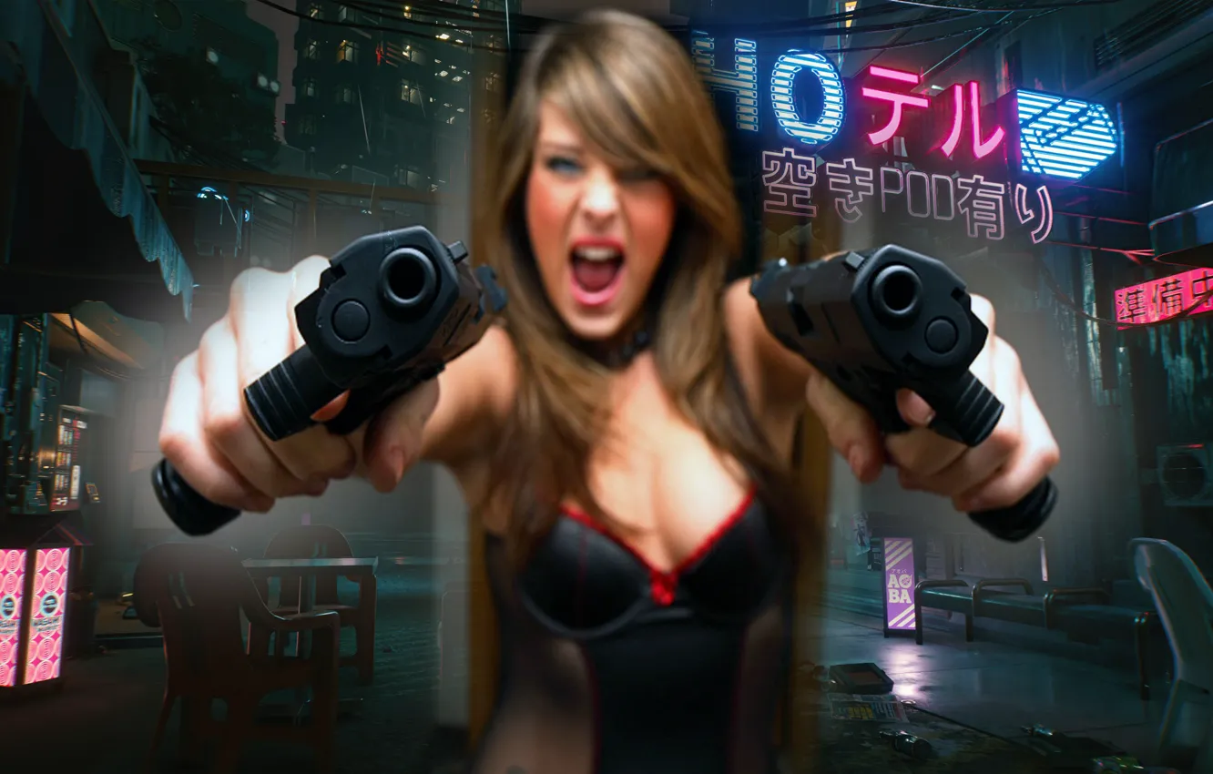 Photo wallpaper girl, weapons, the game, rage, corset, gun, cyberpunk, Cyberpunk 2077
