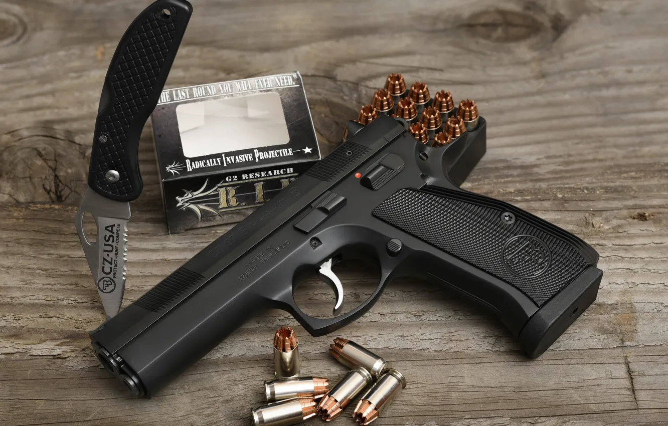 Photo wallpaper gun, knife, cartridges, CZ 97B