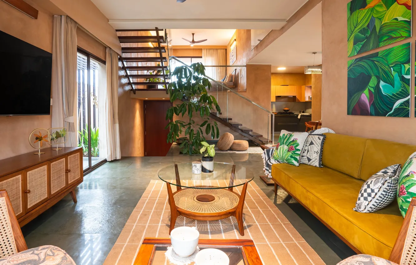 Photo wallpaper design, style, Villa, interior, living room, India, Earth Villa, by Svamitva Architecture Studio