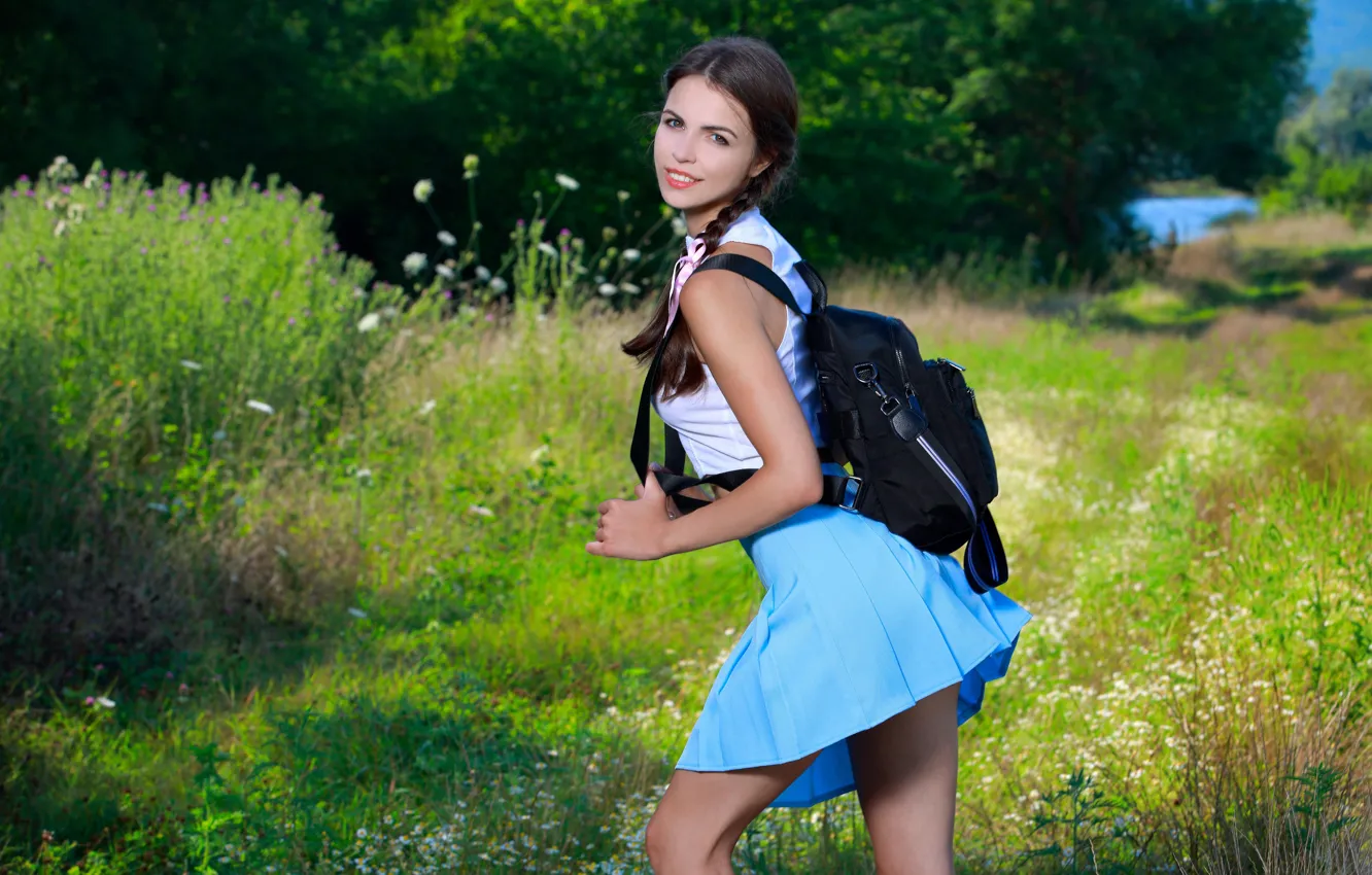 Photo wallpaper grass, forest, hot girl, trees, nature, model, brunette, greenery