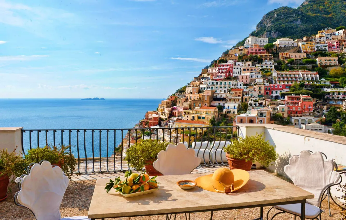 Photo wallpaper sea, stay, home, hat, Italy, balcony, the hotel, Positano