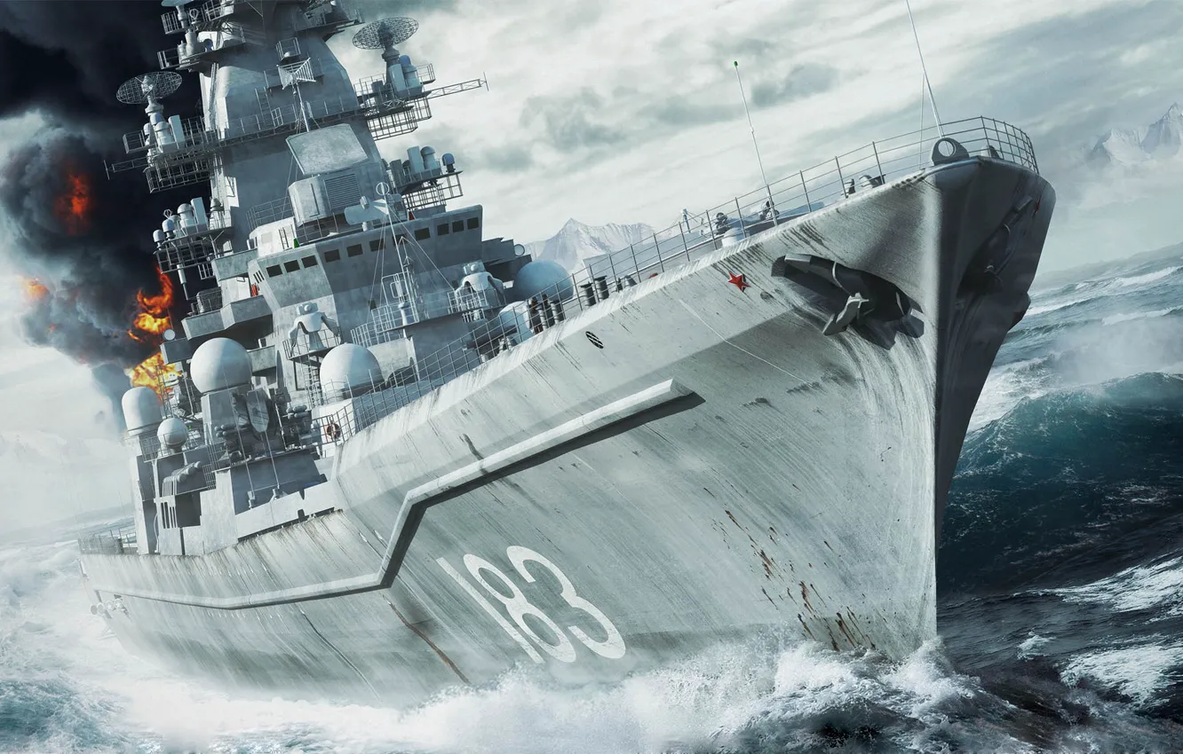 Photo wallpaper sea, fire, ship, gun