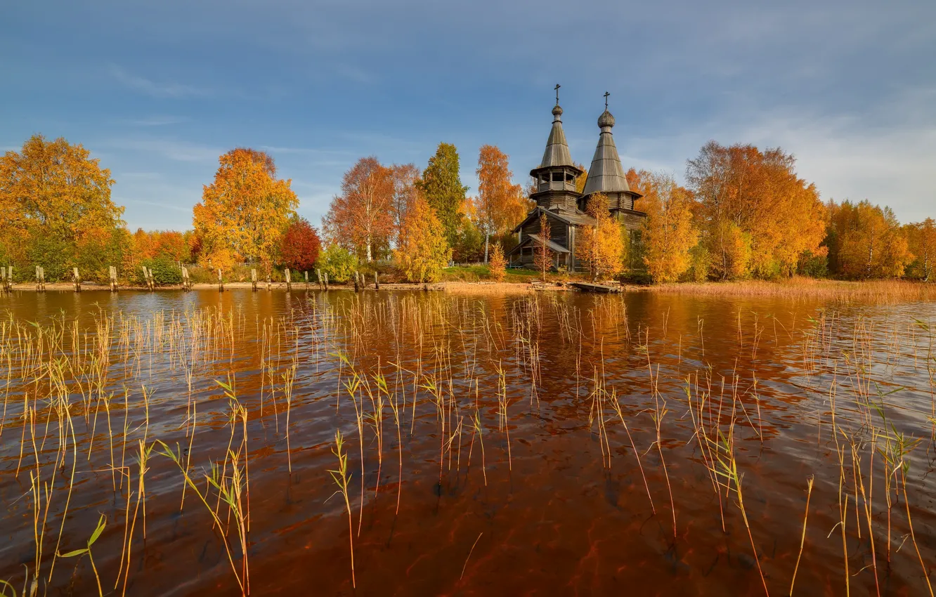 Photo wallpaper autumn, trees, landscape, nature, lake, village, Church, Karelia