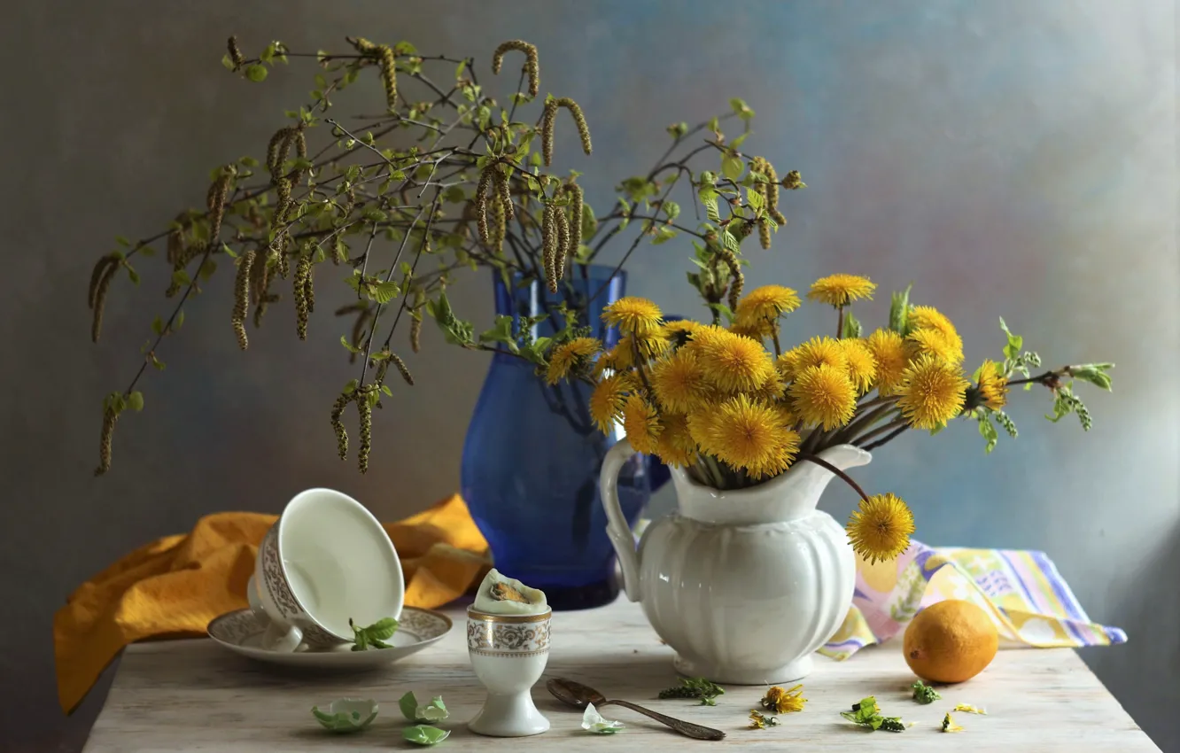 Photo wallpaper table, dandelion, eggs, still life
