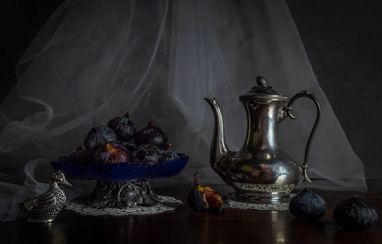 Photo wallpaper metal, the dark background, table, bird, duck, kettle, fabric, pitcher