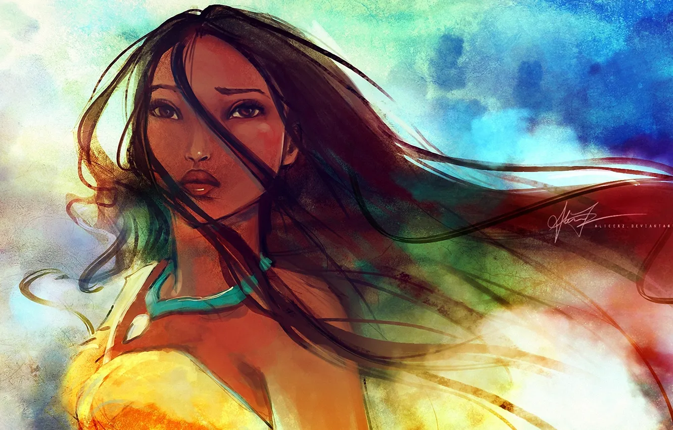 Photo wallpaper girl, the wind, medallion, pride, strands, Pocahontas. look