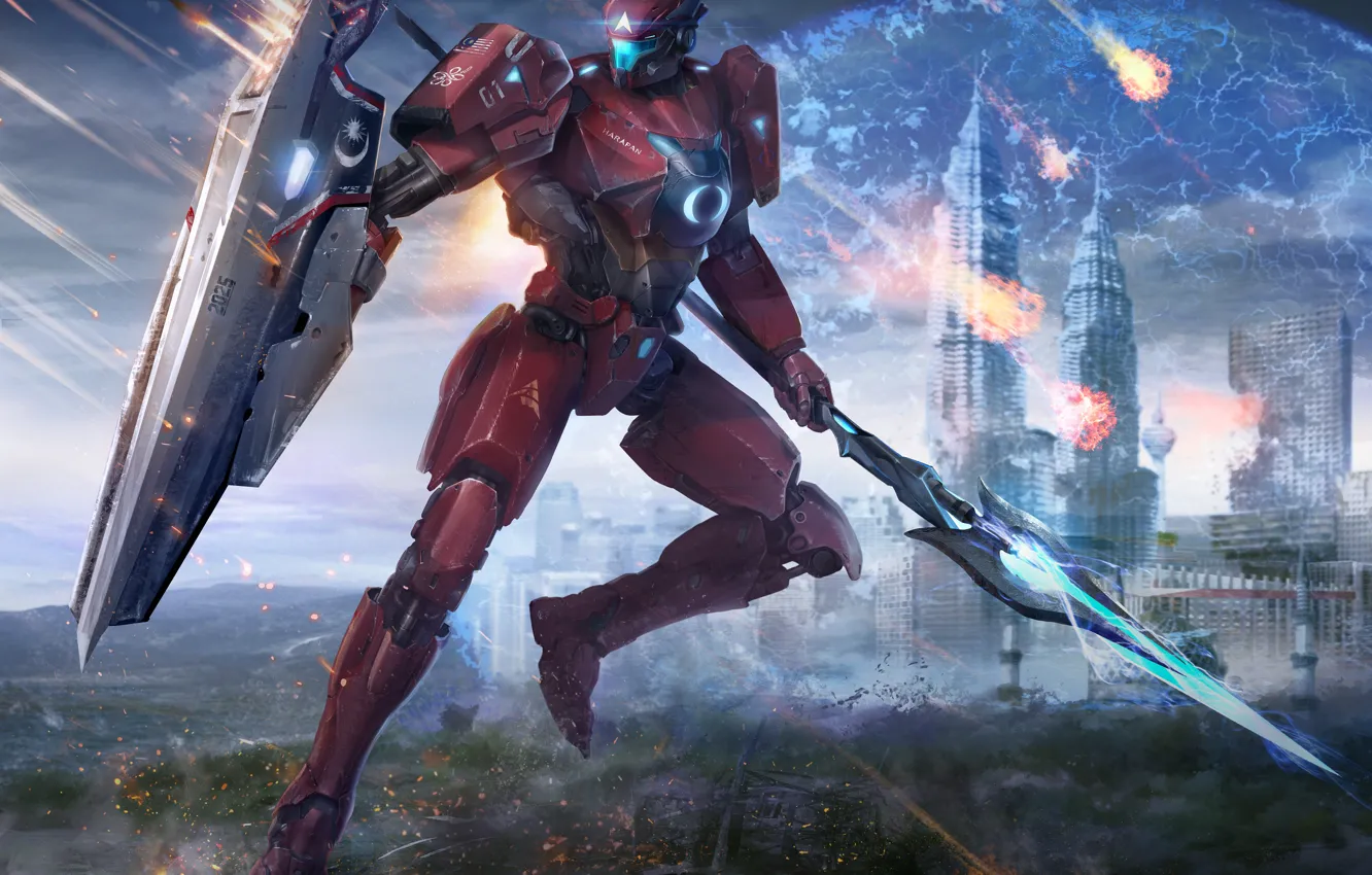 Photo wallpaper the city, robot, art, spear, shield, Pacific Rim, jaeger