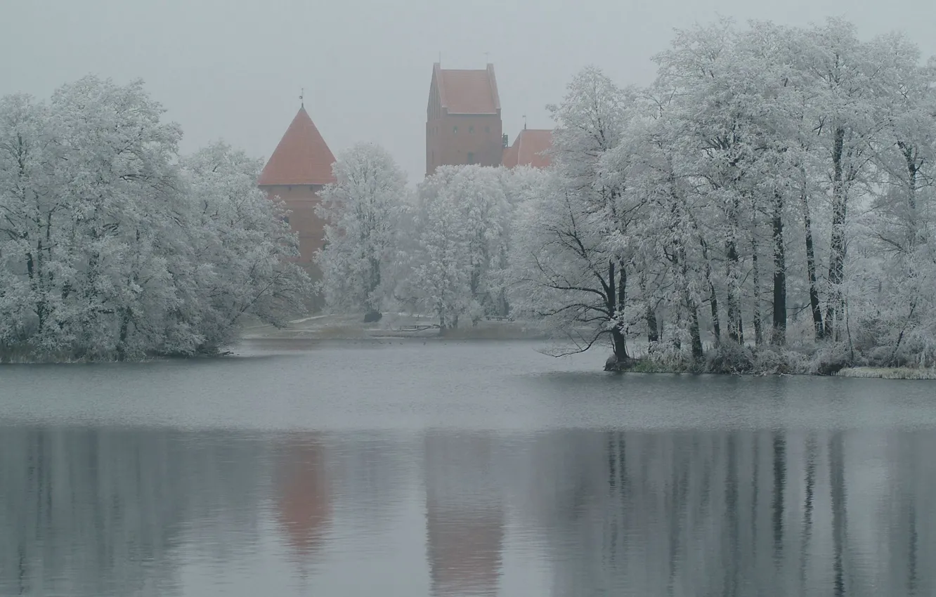 Photo wallpaper snow, trees, lake, Winter, fortress