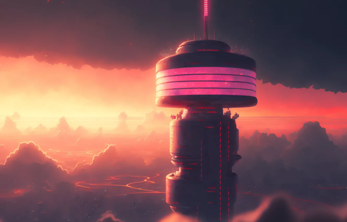 Photo wallpaper clouds, fiction, tower, height, valley, purple sky, AI art