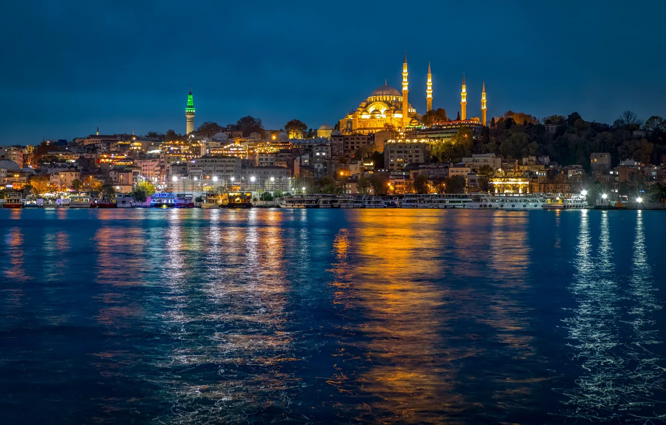 Photo wallpaper the city, Strait, the evening, lighting, mosque, Istanbul, Turkey, The Bosphorus