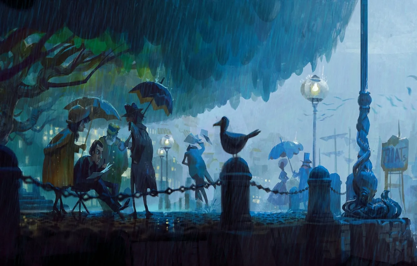Photo wallpaper birds, Park, people, rain, street, the evening, art, lantern
