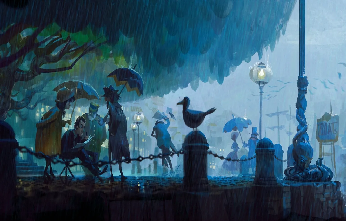 Photo wallpaper Park, rain, bird, street, people, the evening, umbrella, art