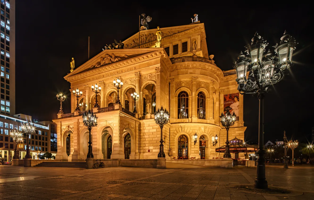 Photo wallpaper night, lights, home, Germany, area, lights, theatre, Frankfurt am main