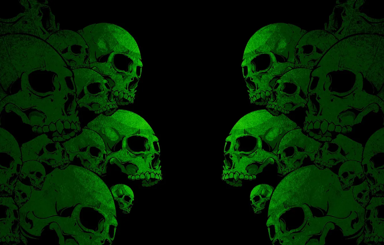 Photo wallpaper darkness, teeth, green, skull, a lot, black, orbit, human