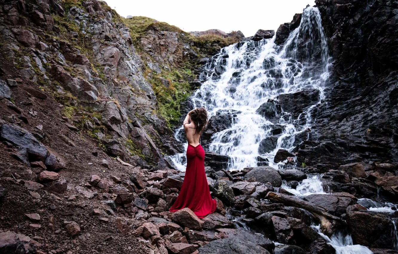 Photo wallpaper girl, pose, stones, mood, rocks, back, waterfall, figure