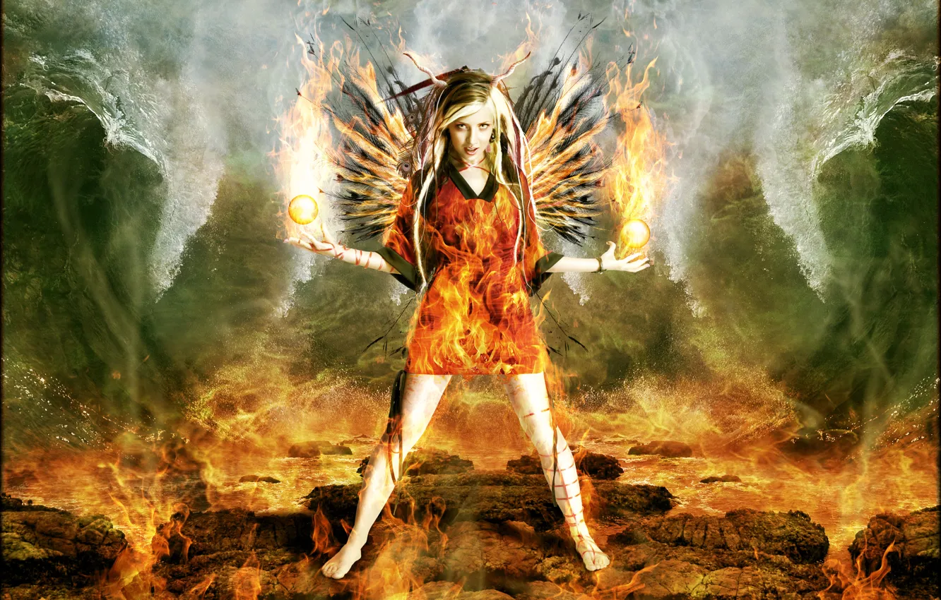 Photo wallpaper wave, girl, balls, fire, horns, Digital Art, brandrificus, the fiery angel