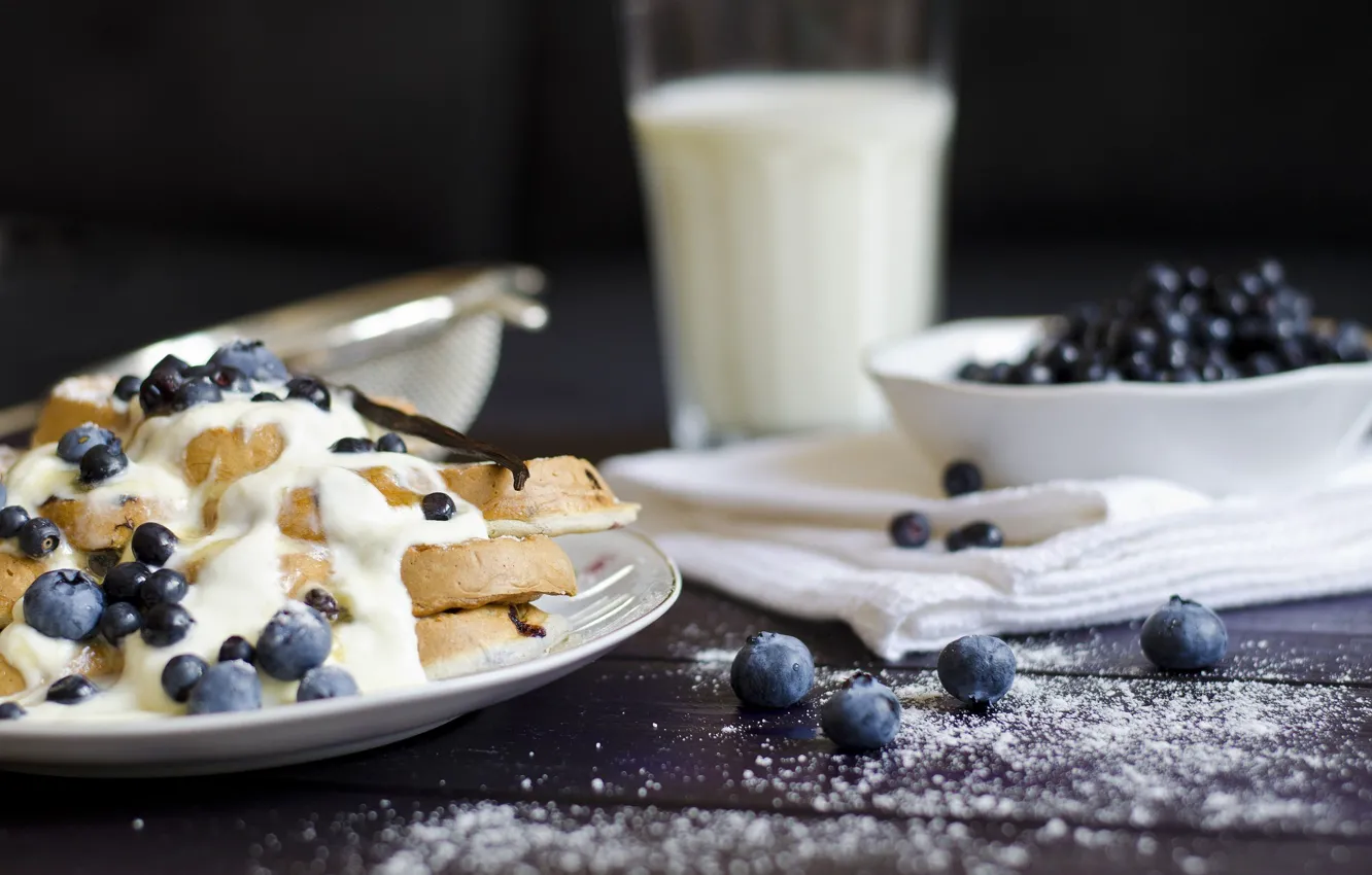 Photo wallpaper food, blueberries, plate, ice cream, dessert, waffles, powdered sugar