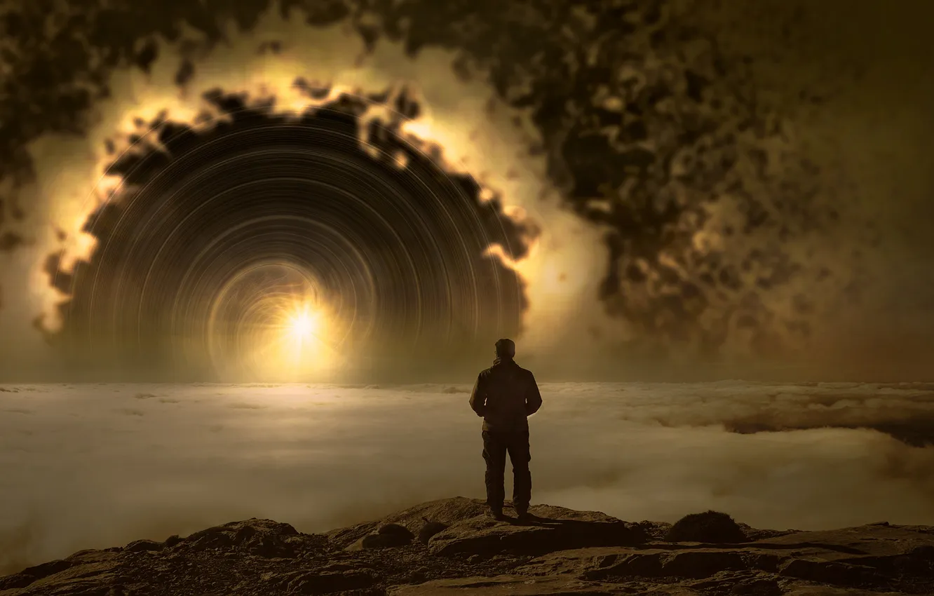 Photo wallpaper the sky, space, night, fog, stones, rendering, fiction, glow