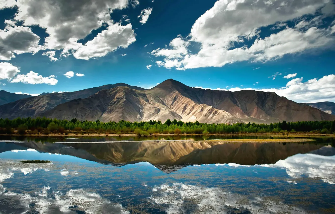 Photo wallpaper clouds, mountains, nature, reflection