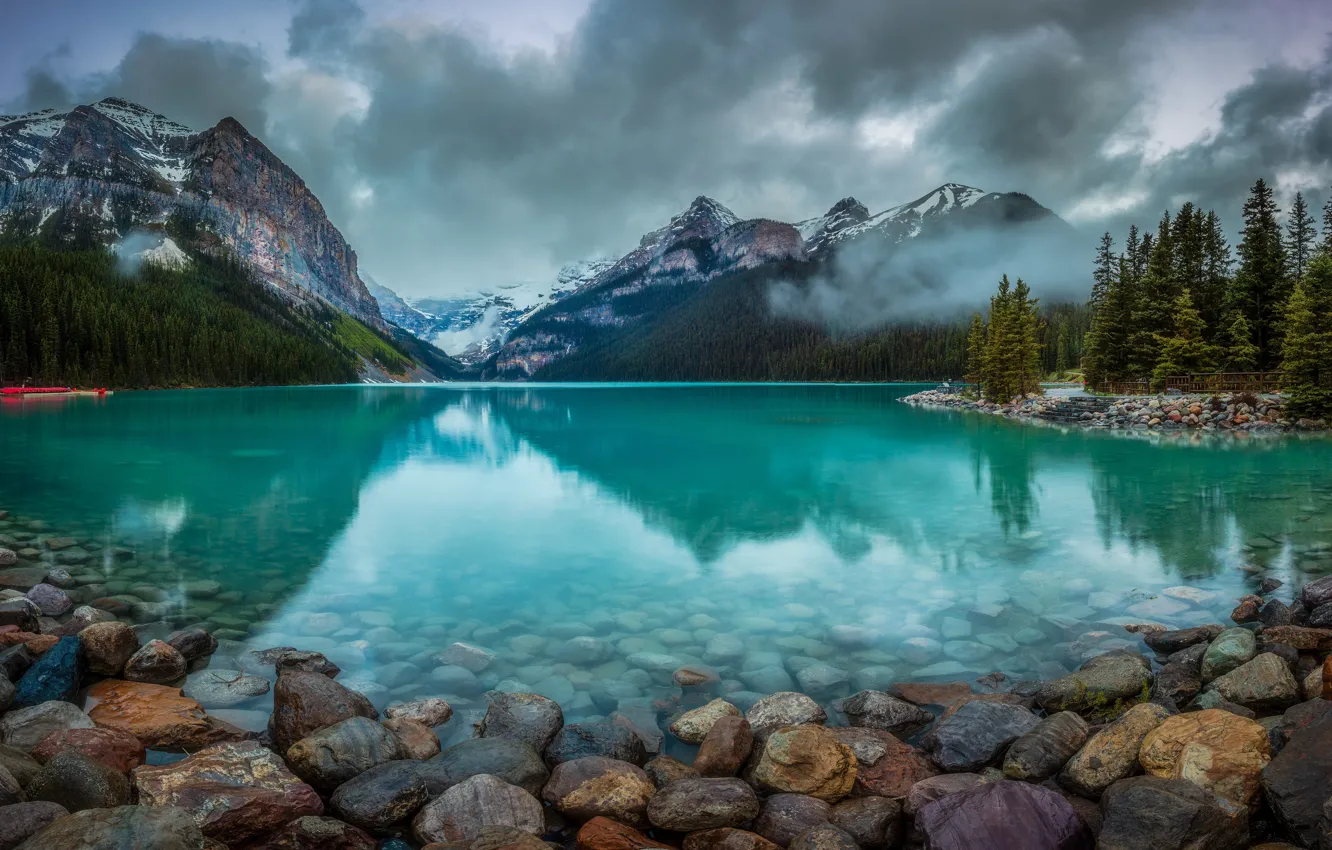 Photo wallpaper forest, clouds, mountains, lake, reflection, stones, shore, the slopes