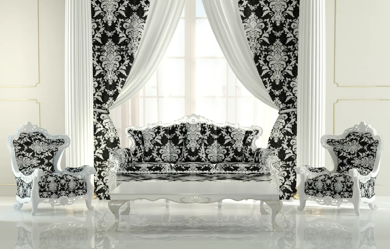 Photo wallpaper interior, chair, Drapes, luxurious interior