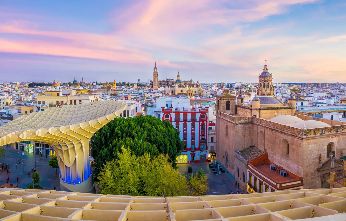 Photo wallpaper roof, the sky, trees, home, panorama, Spain, Andalusia, Seville