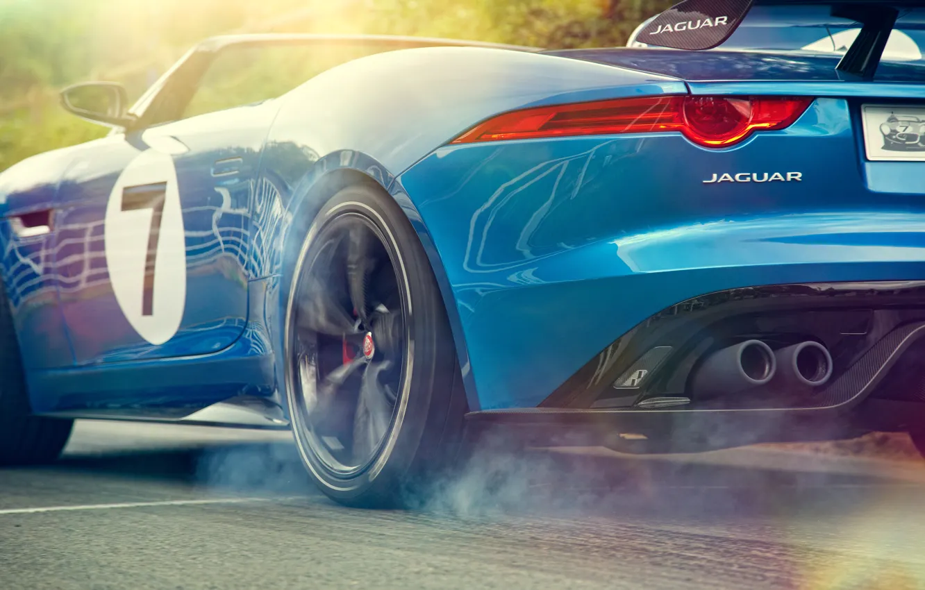 Photo wallpaper auto, Concept, smoke, Jaguar, wheel, slip, back, Project 7