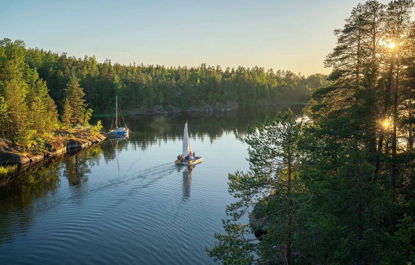 Photo wallpaper landscape, nature, boats, forest, Bank, Lake Ladoga, Karelia, Ladoga