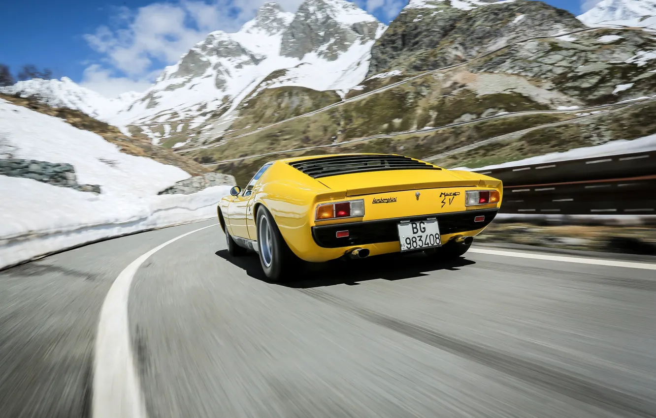 Photo wallpaper Color, Auto, Road, Mountains, Yellow, Lamborghini, Rocks, Machine