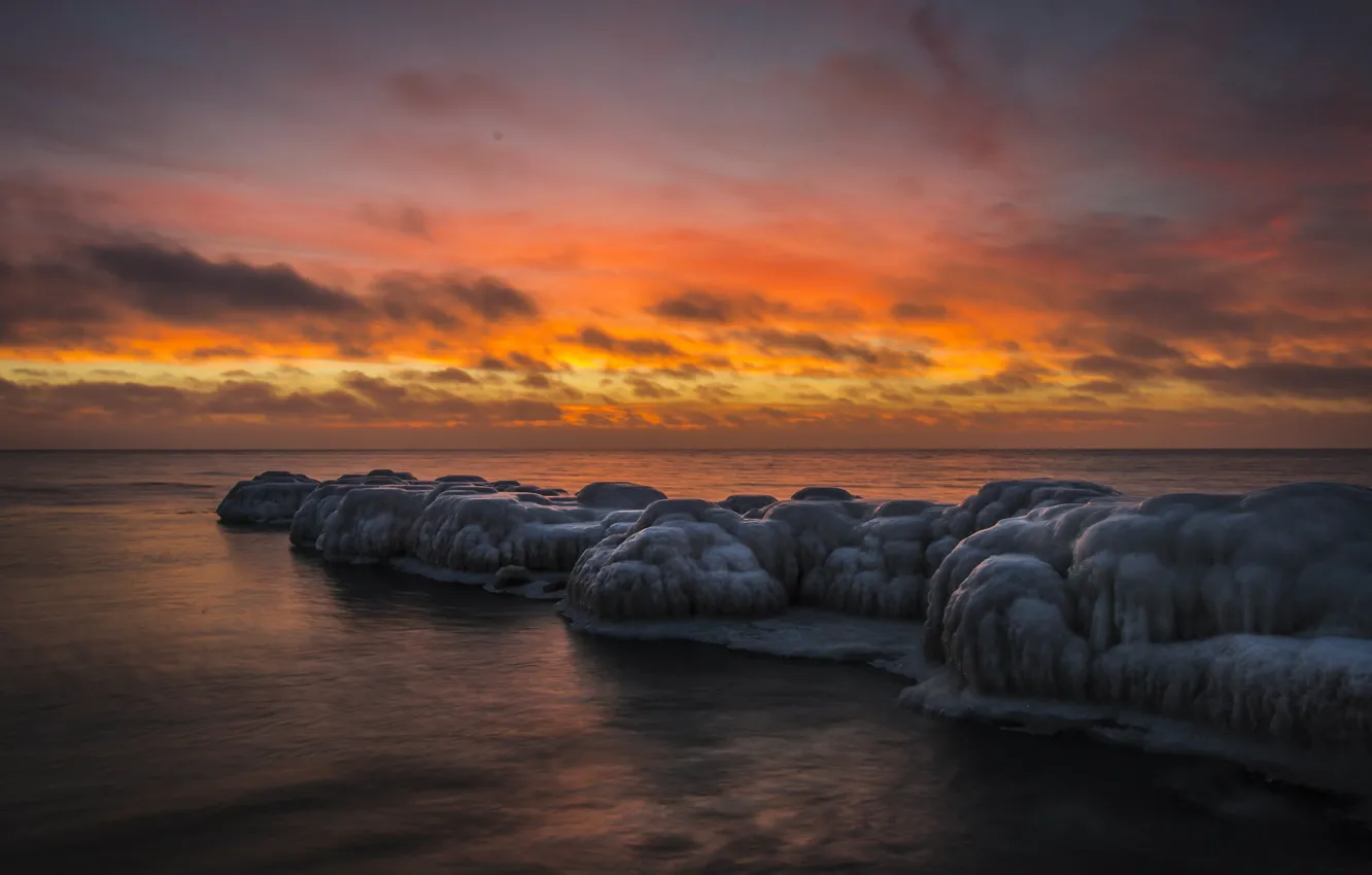 Photo wallpaper ice, sea, the sky, clouds, sunset, stones