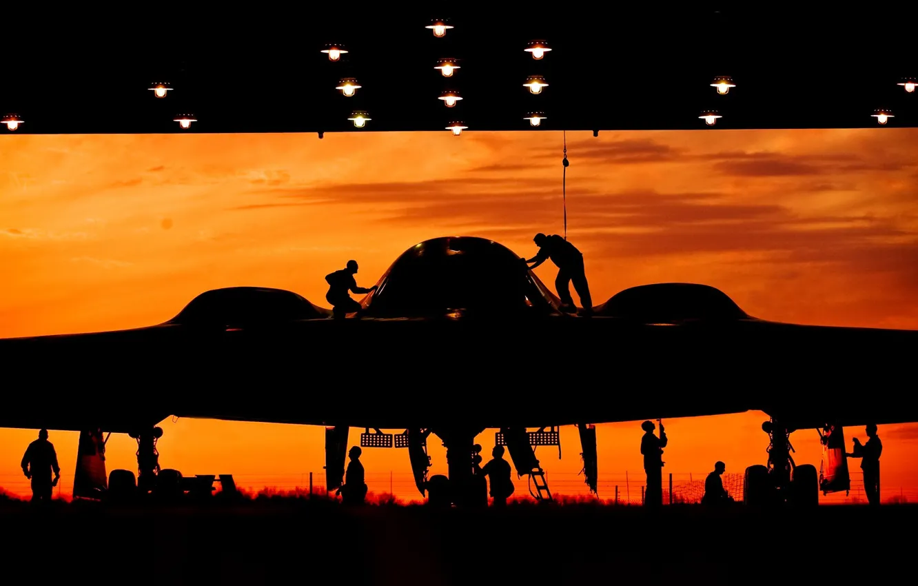 Photo wallpaper sunset, hangar, bomber, silhouettes, strategic, unobtrusive, equipment, training