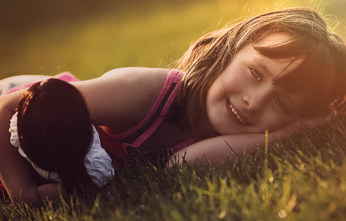 Photo wallpaper grass, look, childhood, face, glade, toy, the game, portrait