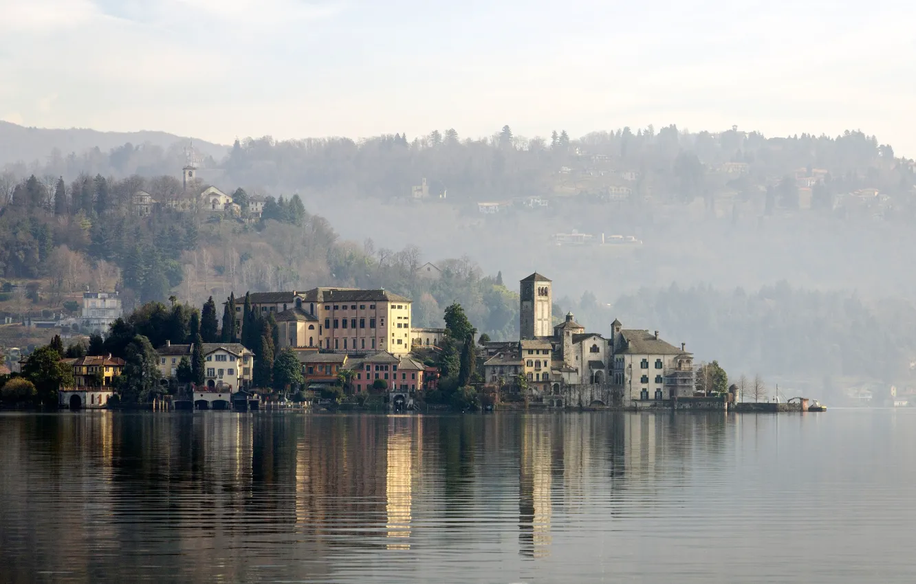 Photo wallpaper lake, island, home, Italy, haze, Orta San Giulio, ORT