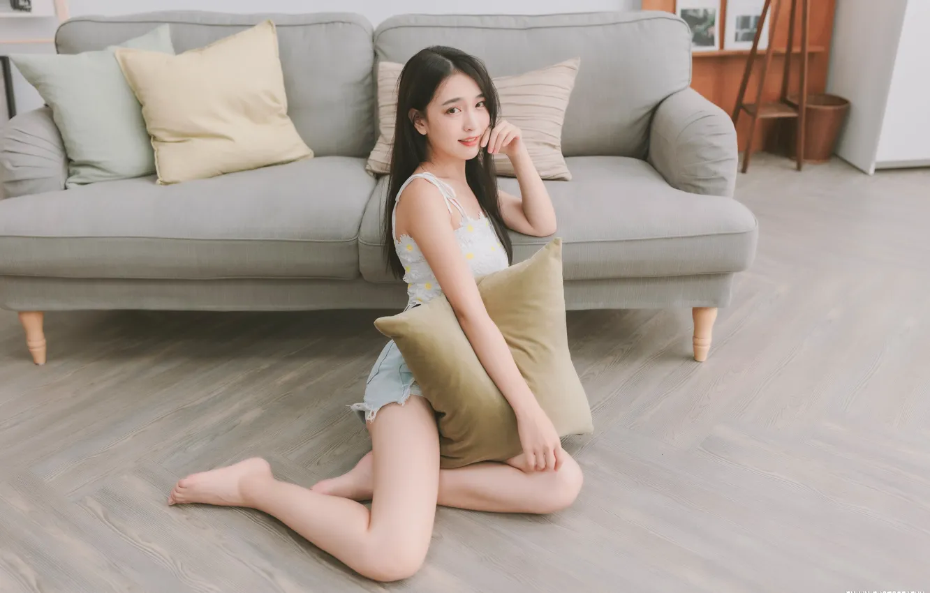 Photo wallpaper look, pose, sofa, model, shorts, portrait, pillow, makeup