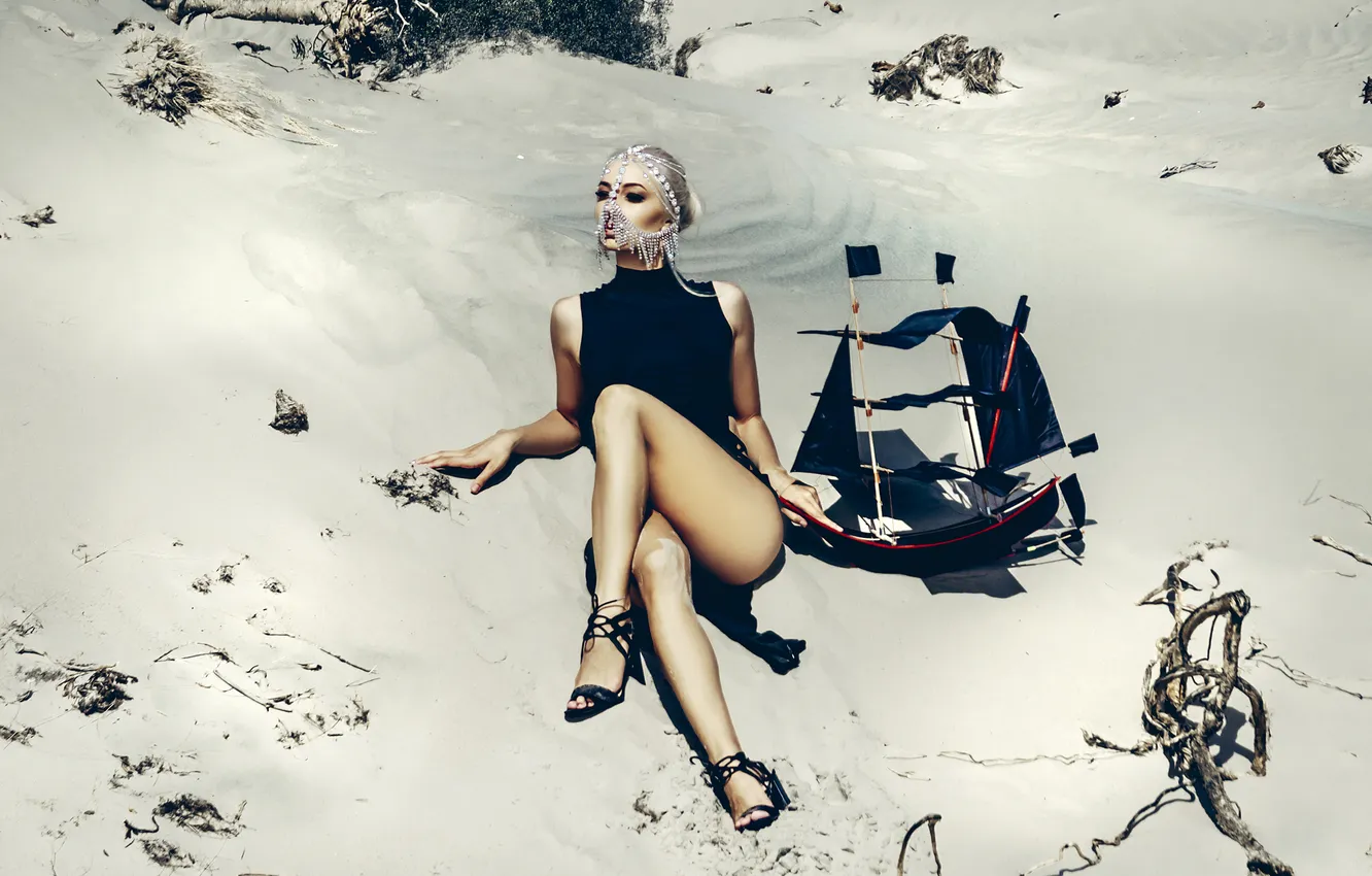 Photo wallpaper sand, decoration, ship, legs, white hair, beautiful girl, sandals, Black Sails