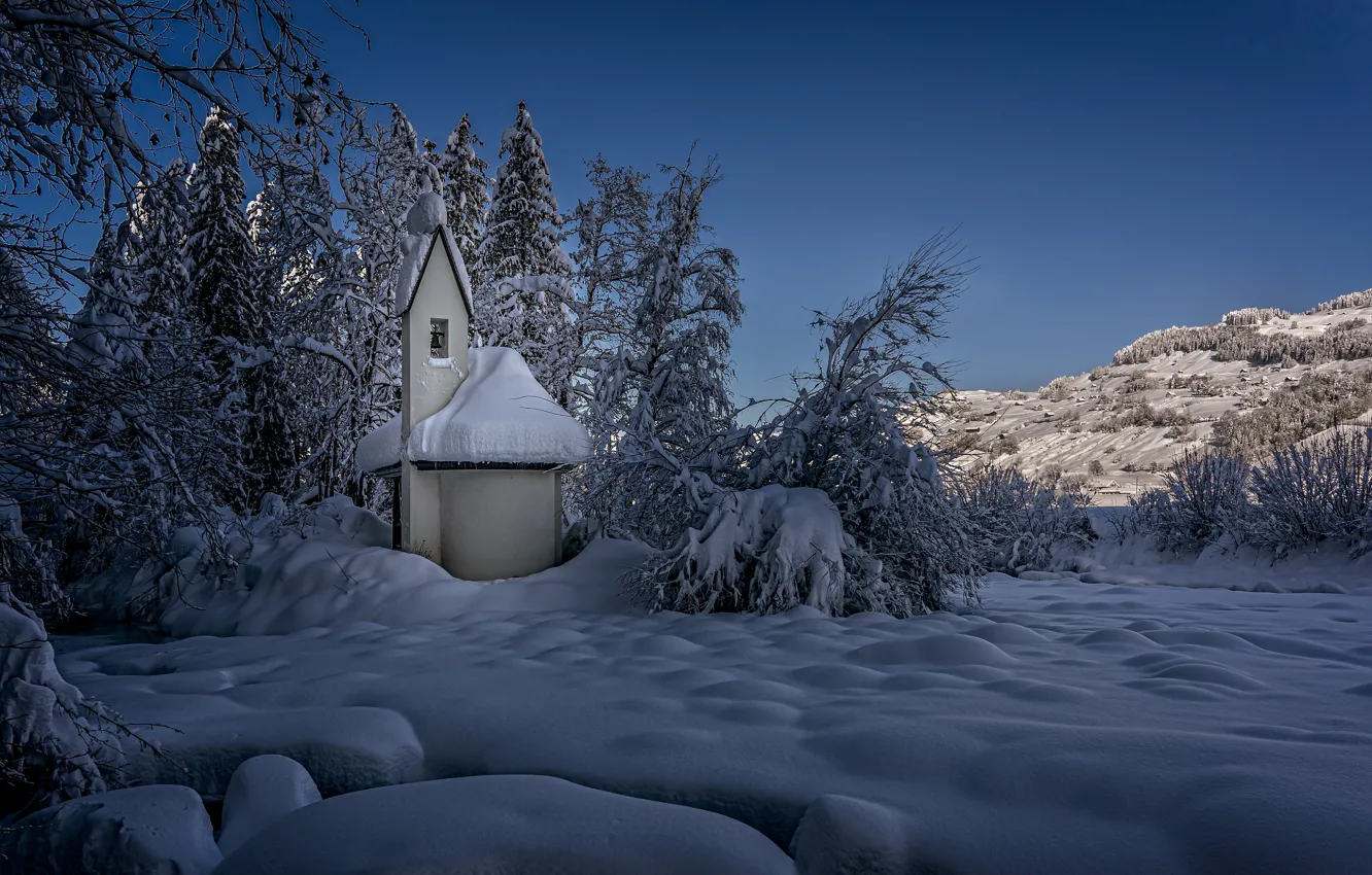 Photo wallpaper winter, snow, trees, landscape, nature, Switzerland, Church, the bushes