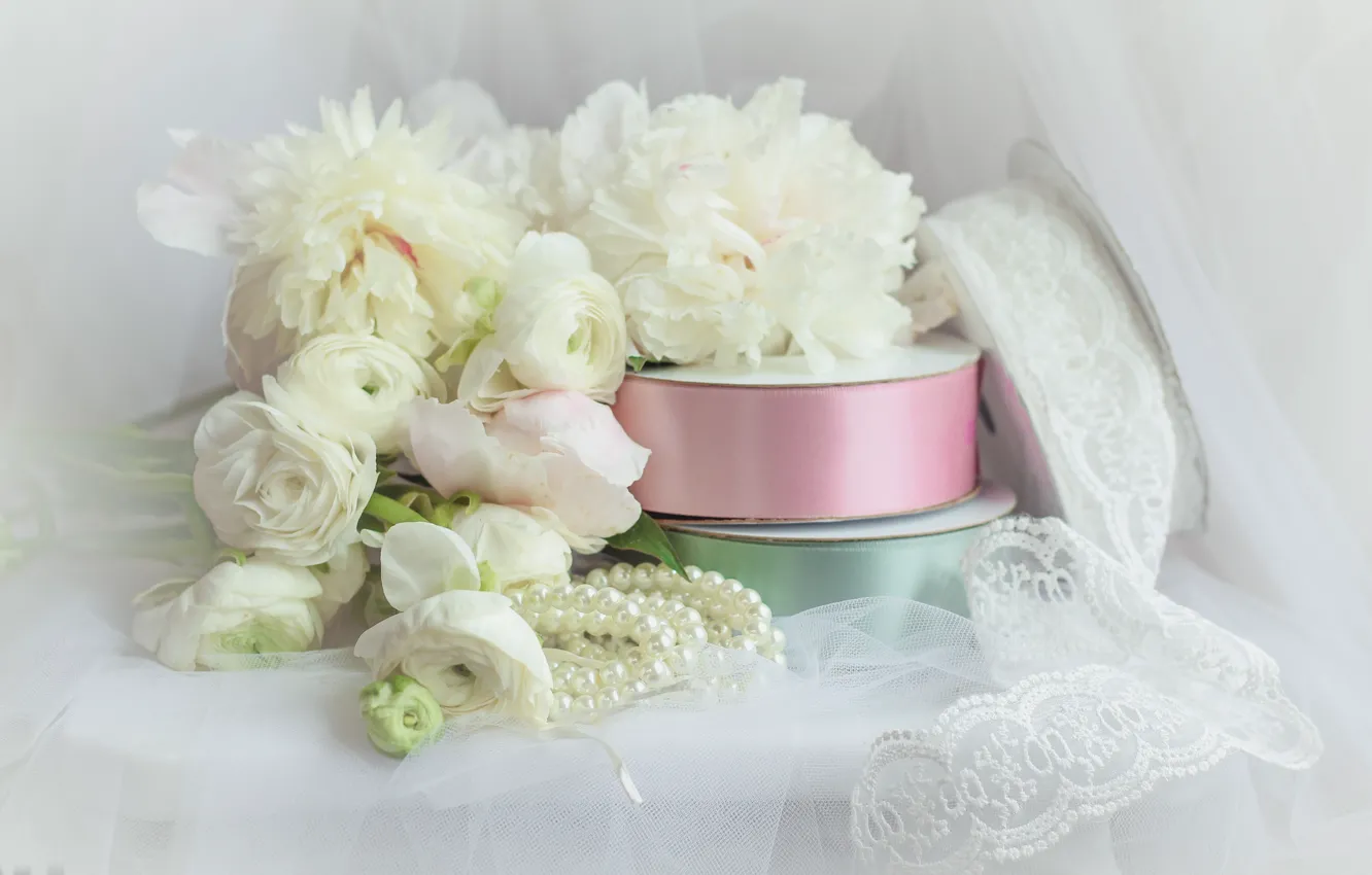 Photo wallpaper flowers, style, tape, bouquet, beads, veil, lace