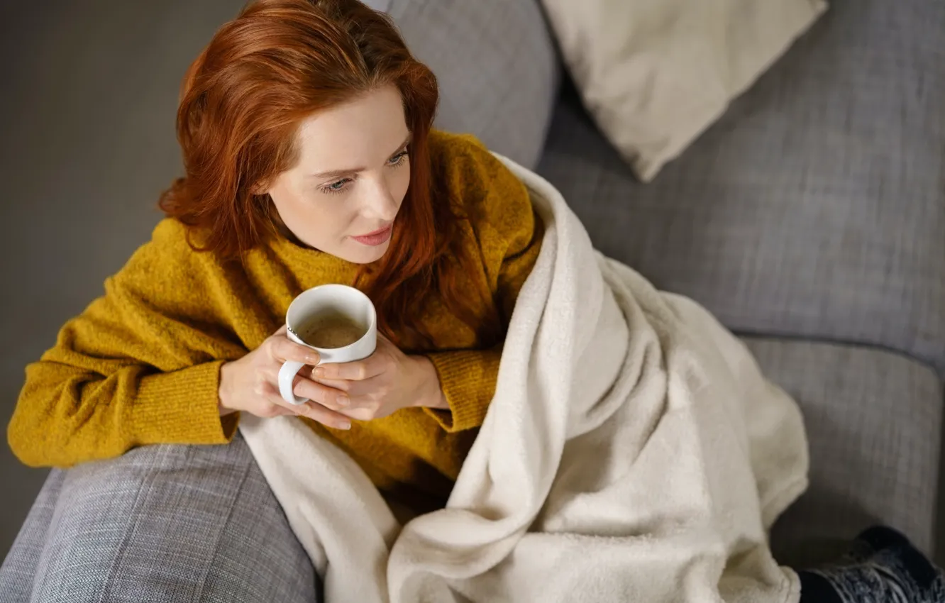 Photo wallpaper woman, coffee, blanket, brown hair, woman, coffee, blanket, Comfortable couch