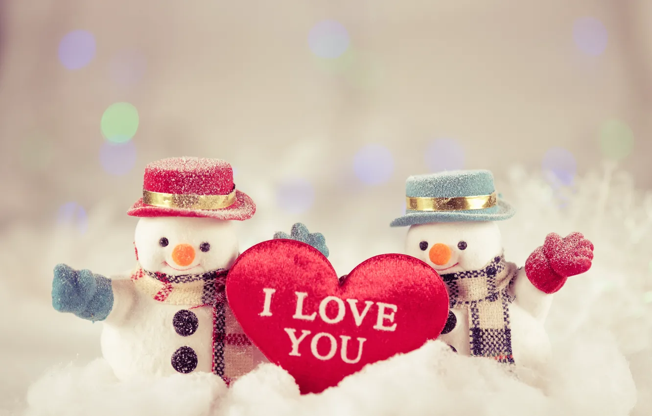 Photo wallpaper winter, snow, snowflakes, New Year, Christmas, snowman, love, happy