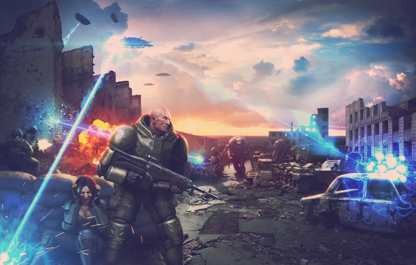 Photo wallpaper the city, weapons, people, art, alien, ruins, battle, UFO Online Invasion
