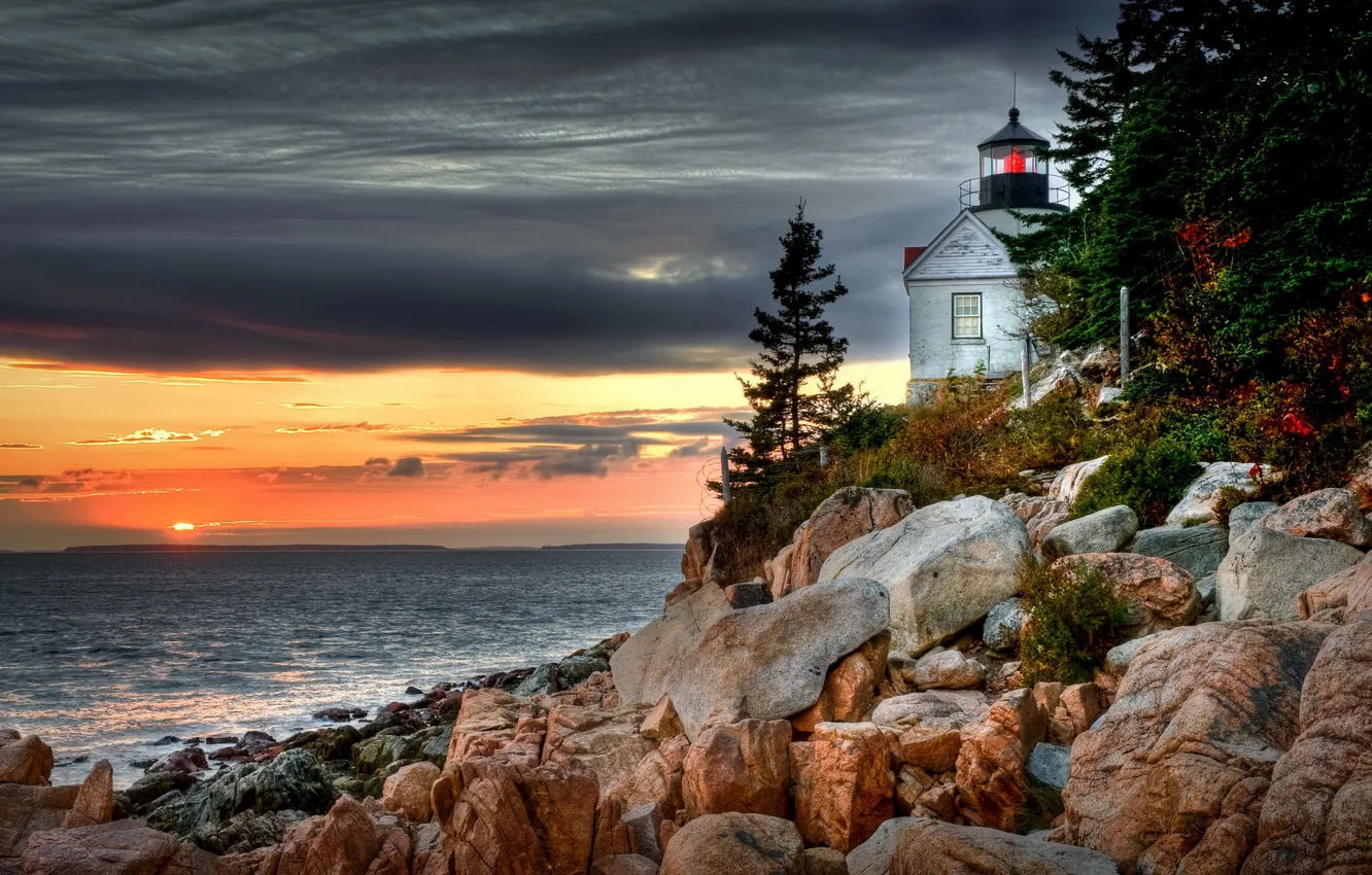 Photo wallpaper sea, sunset, clouds, stones, lighthouse, the evening