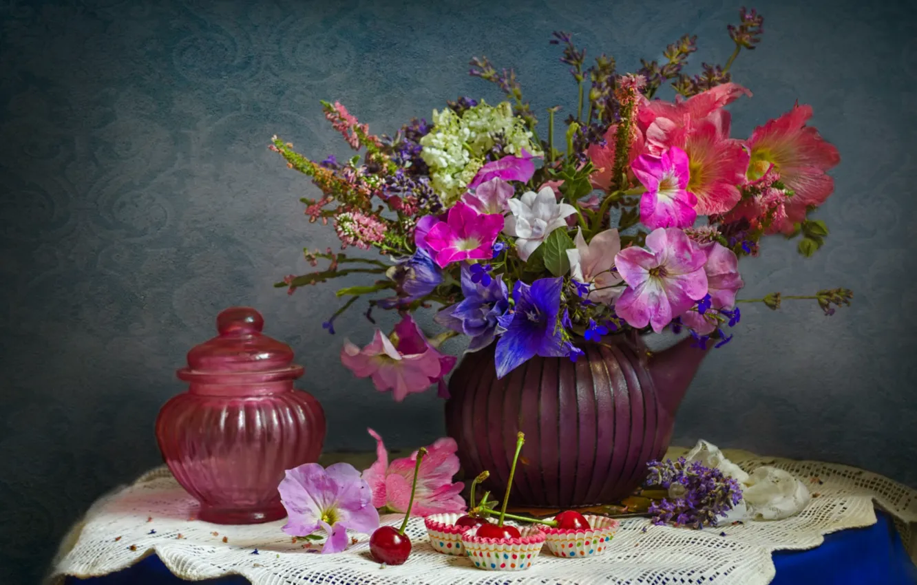 Photo wallpaper bouquet, cherry, lavender, Petunia, mallow