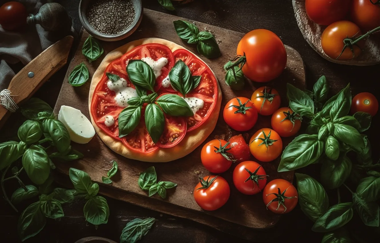 Photo wallpaper food, cheese, knife, vegetables, pizza, tomatoes, dish, spices