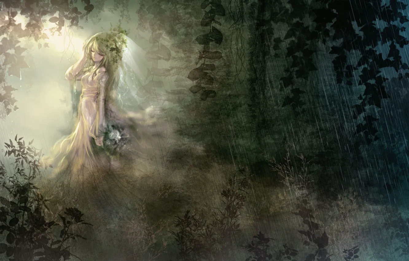 Photo wallpaper girl, flowers, rain, female