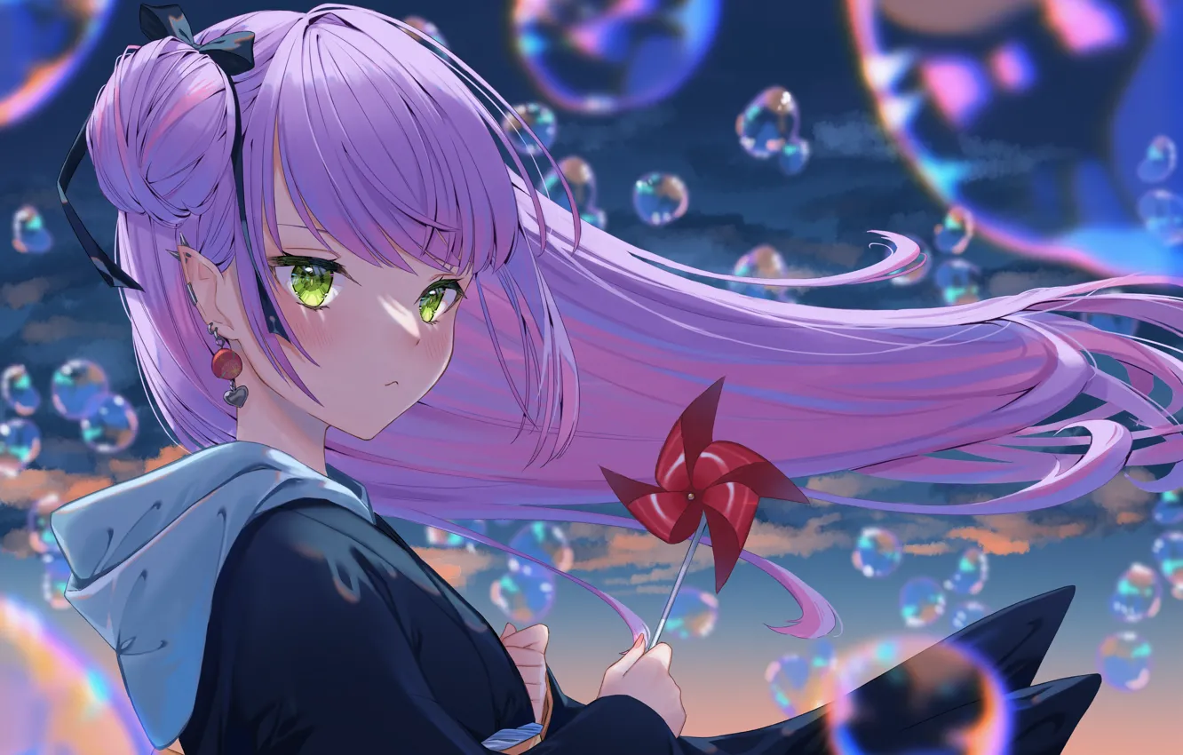 Photo wallpaper the sky, girl, bubbles, breeze, Towa Tokoyami, Hololive virtual youtuber, Holo no Graffiti