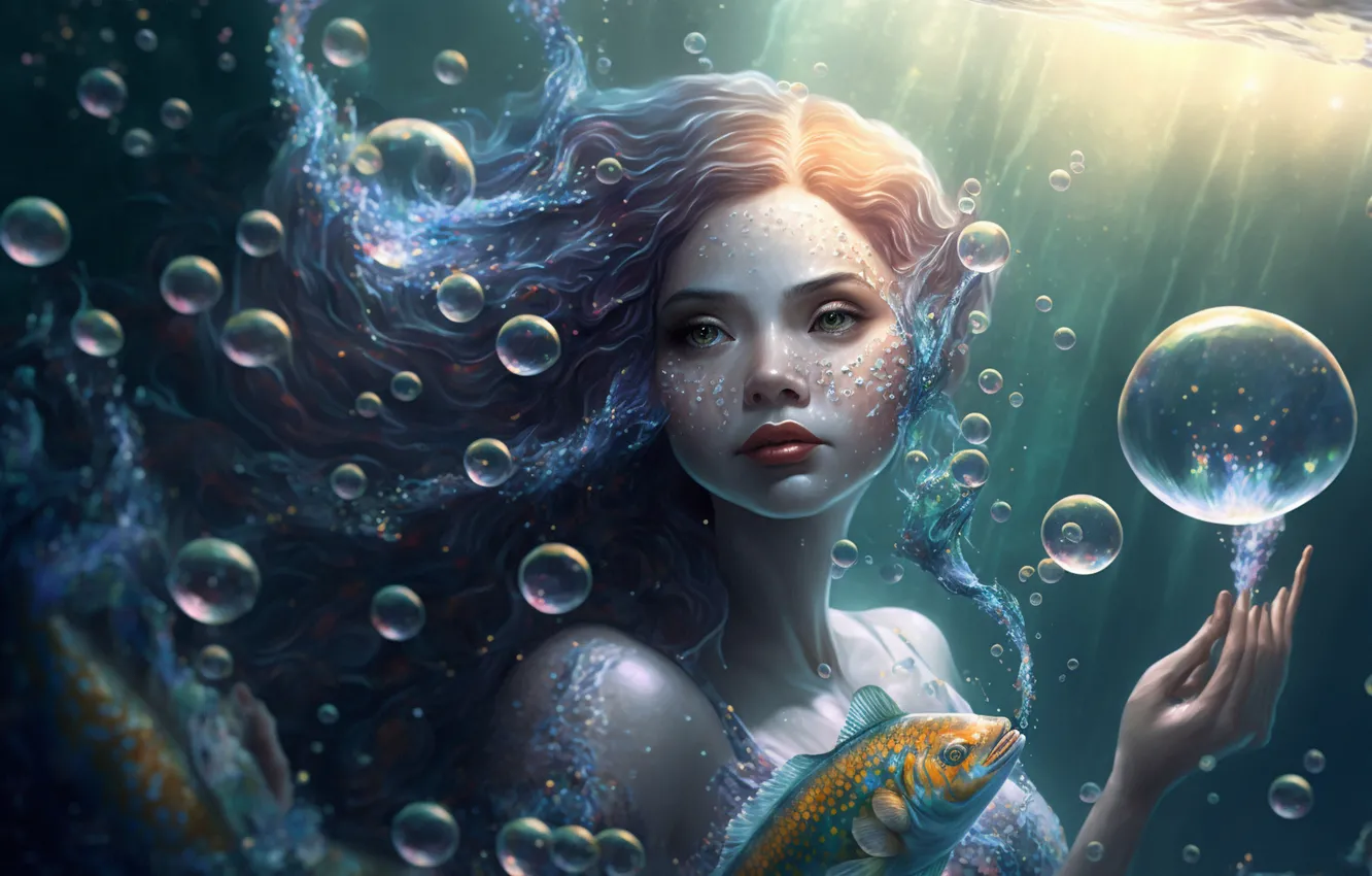 Photo wallpaper girl, bubbles, mermaid, fish, fantasy, underwater world, AI art, The Art of Artificial Intelligence