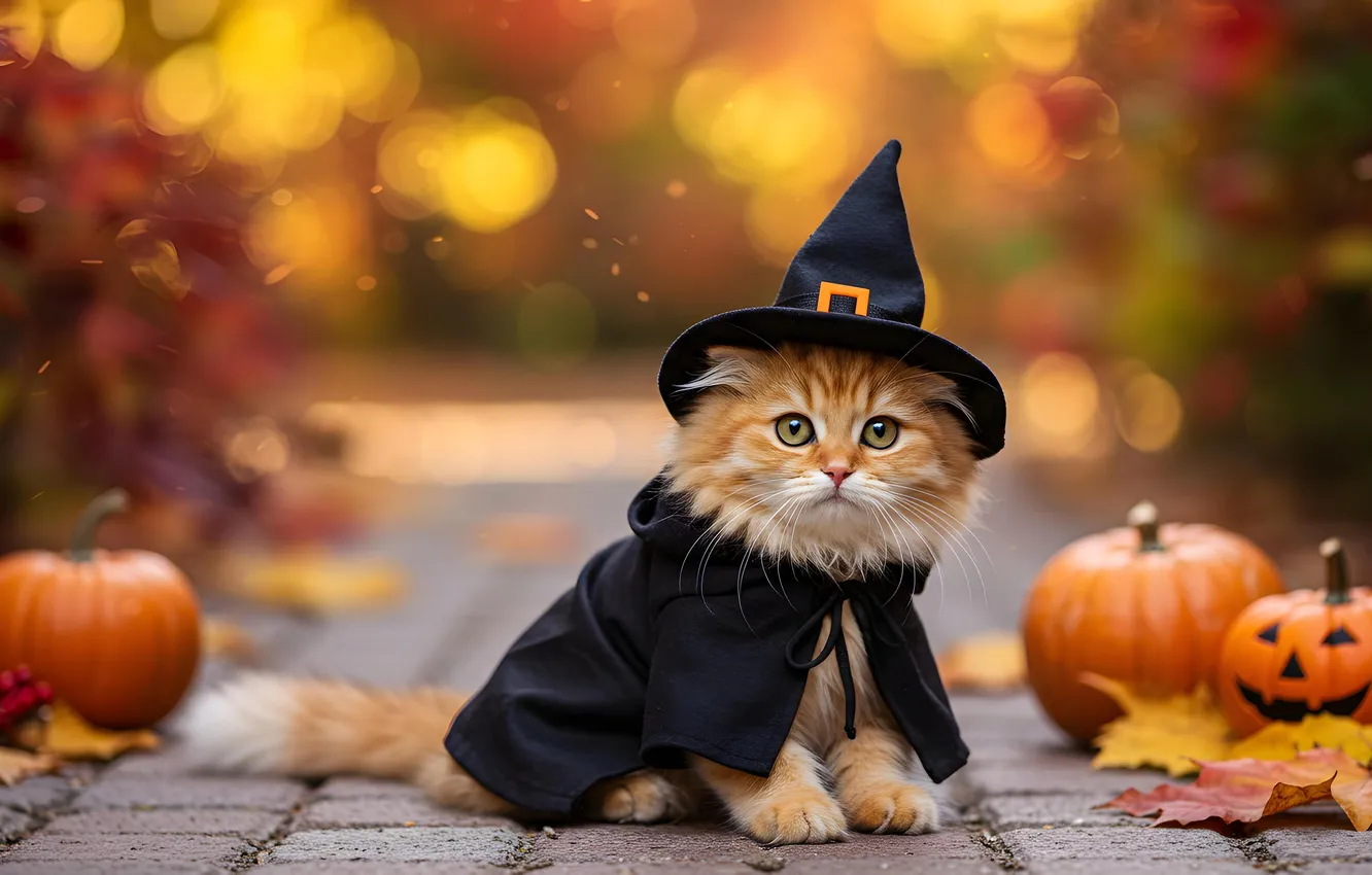 Photo wallpaper cat, look, pose, Park, foliage, hat, garden, track