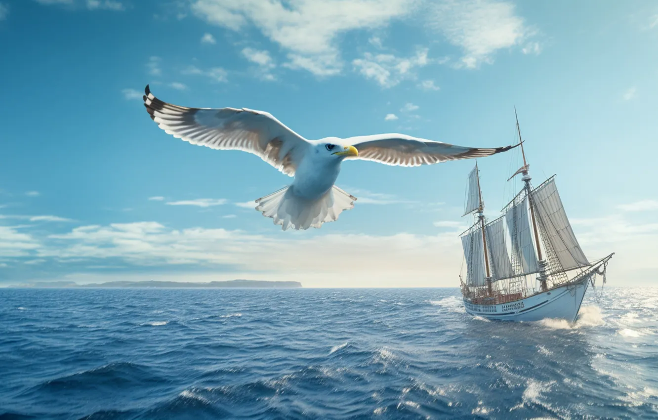 Photo wallpaper sea, wave, the sky, flight, bird, ship, Seagull, sails